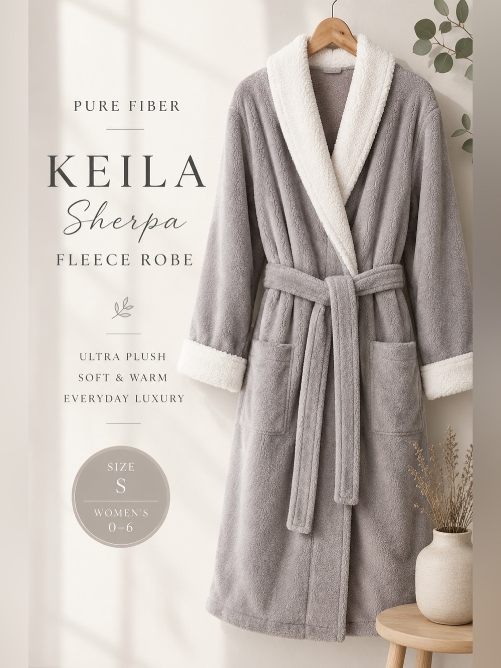 Pure Fiber Keila Sherpa Fleece Robe Gray Size Small